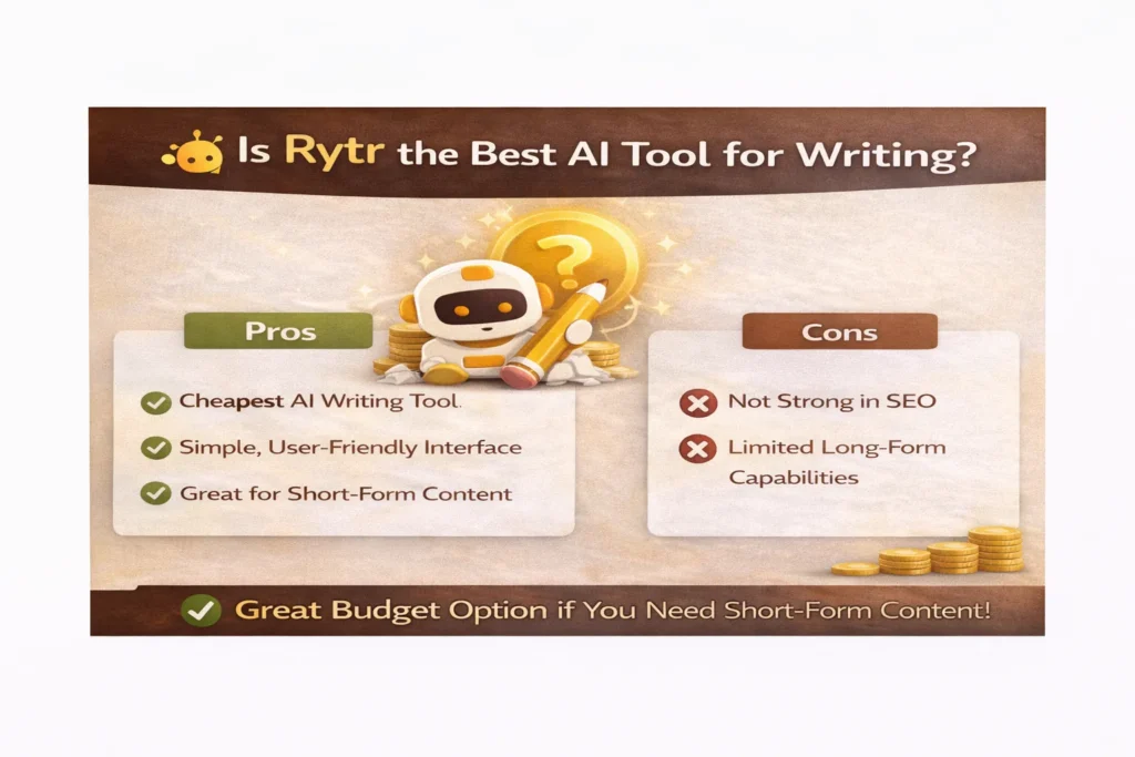 Rytr AI tool for writing evaluation showing pros, cons, and overall value with “Is Rytr the Best AI Tool for Writing” title and Rytr logo.