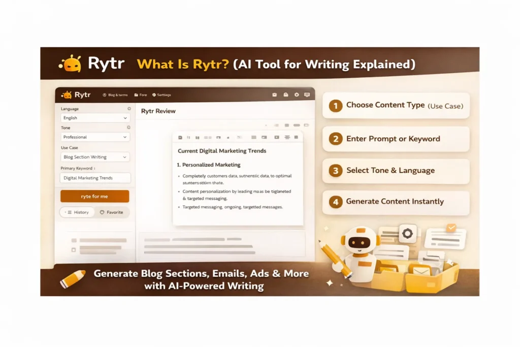 Rytr AI tool for writing interface showing dashboard, content generation steps, and Rytr logo with “What Is Rytr” review title