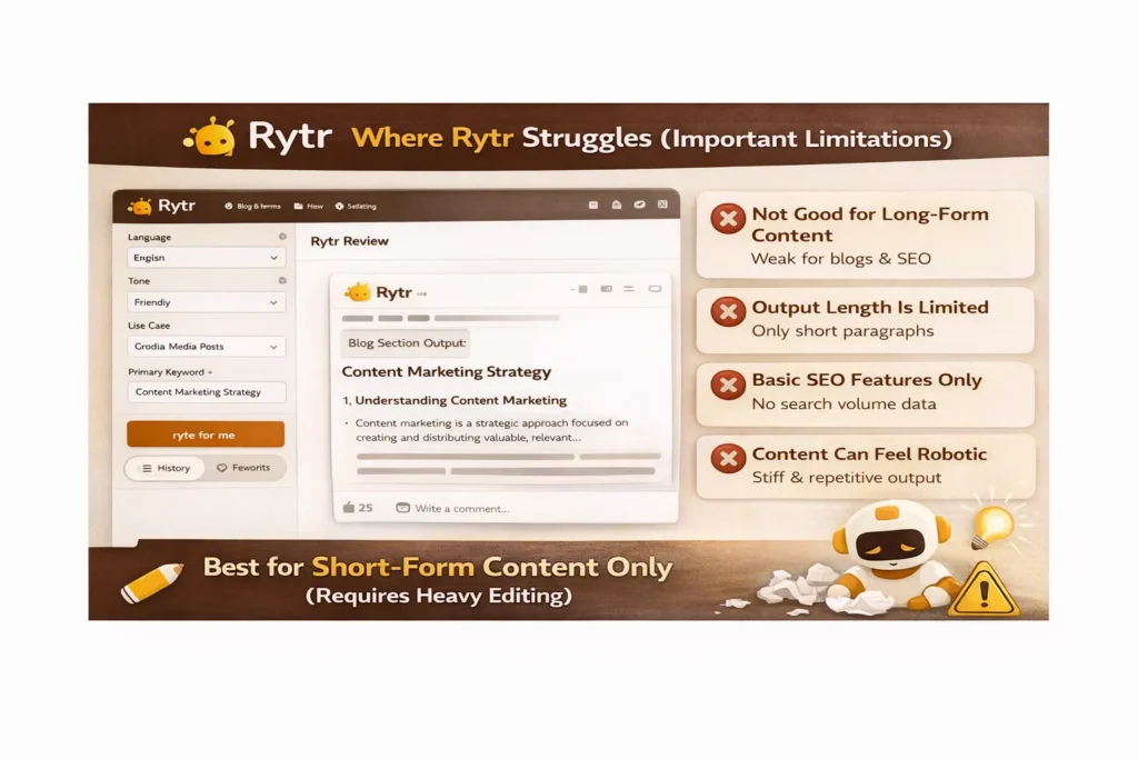 Rytr AI tool for writing interface showing limitations like weak long-form content, limited output length, and basic SEO features with “Where Rytr Struggles” title and Rytr logo.