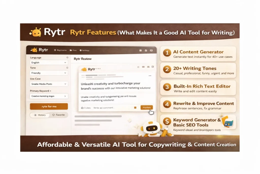 Rytr AI tool for writing interface showing main features like AI content generator, writing tones, editor, and SEO tools with “Rytr Features” review title and Rytr logo.