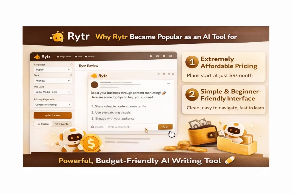 Rytr AI tool for writing interface showing pricing and beginner-friendly dashboard with “Why Rytr Became Popular” review title and Rytr logo.
