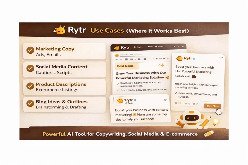 Rytr AI tool for writing interface showing use cases like marketing copy, social media content, product descriptions, and blog ideas with “Rytr Use Cases” title and Rytr logo.