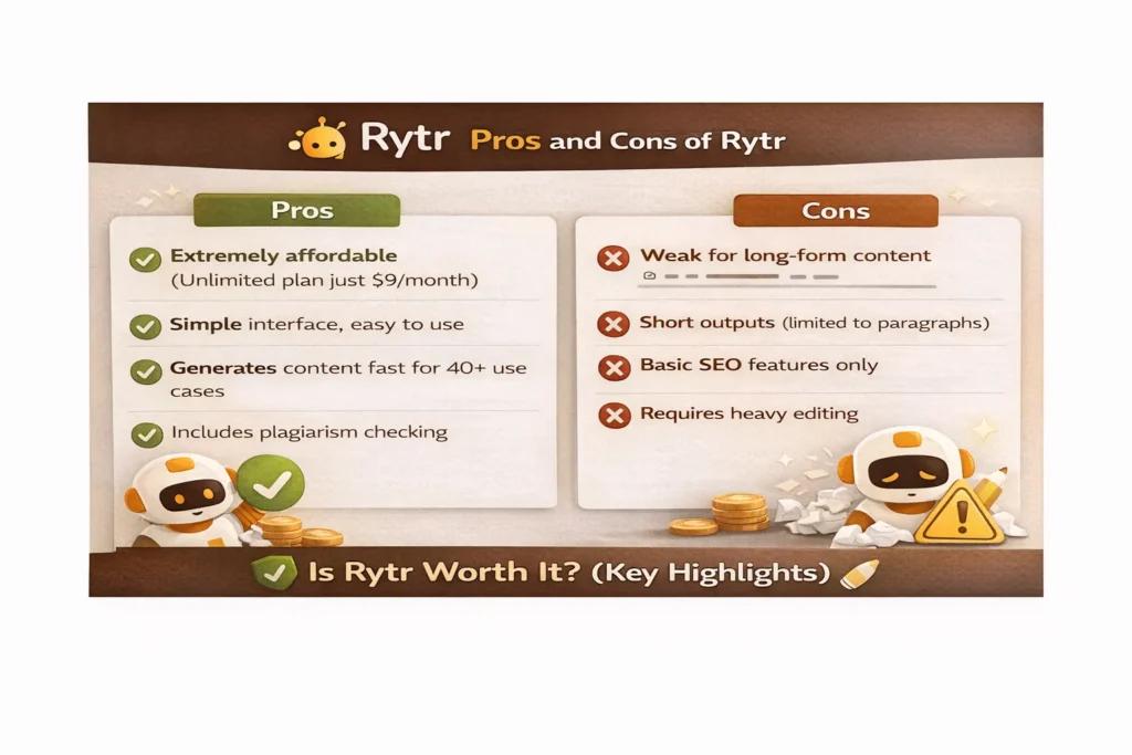 Rytr AI tool for writing pros and cons comparison showing affordability, ease of use, and limitations with “Pros and Cons of Rytr” title and Rytr logo.