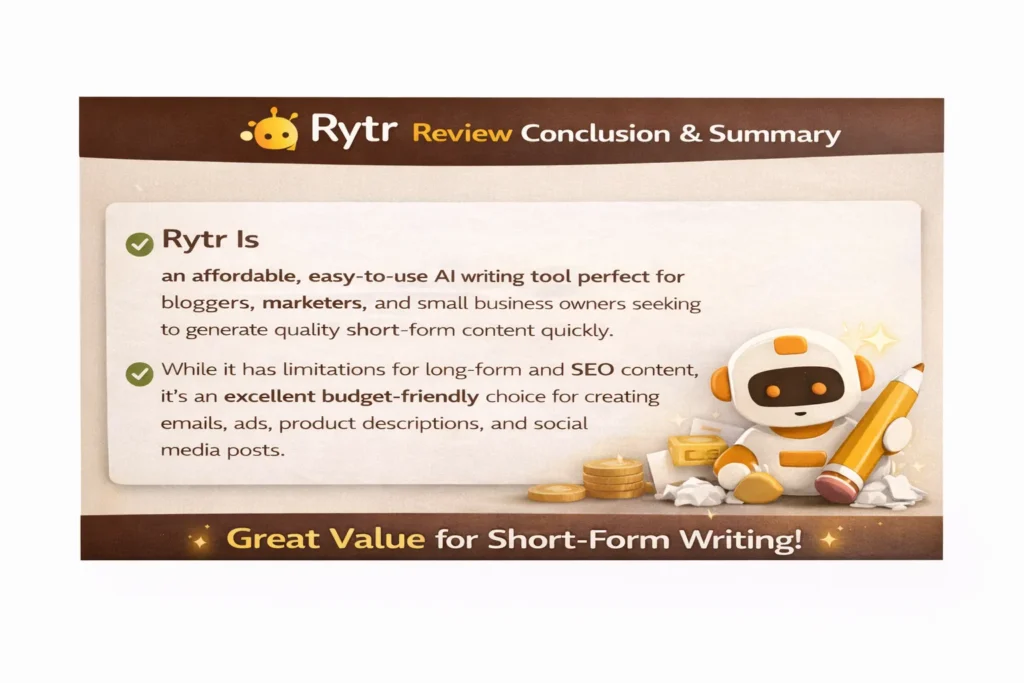 Rytr AI tool for writing summary showing key strengths, affordability, and short-form content focus with “Rytr Review Conclusion” title and Rytr logo.