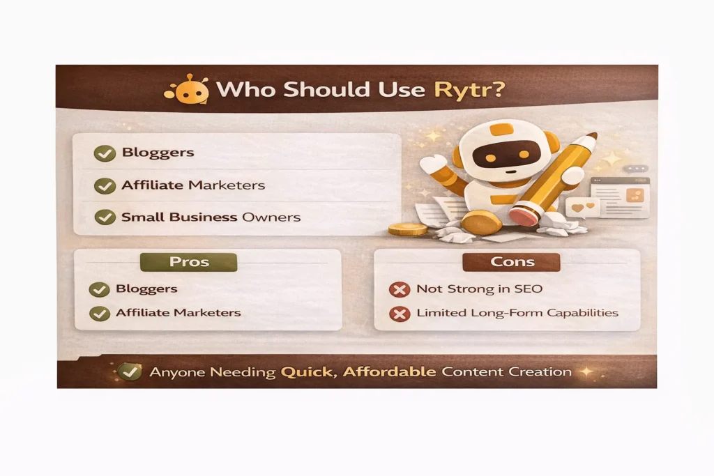 Rytr AI tool for writing target users including bloggers, affiliate marketers, and small business owners with “Who Should Use Rytr” title and Rytr logo.