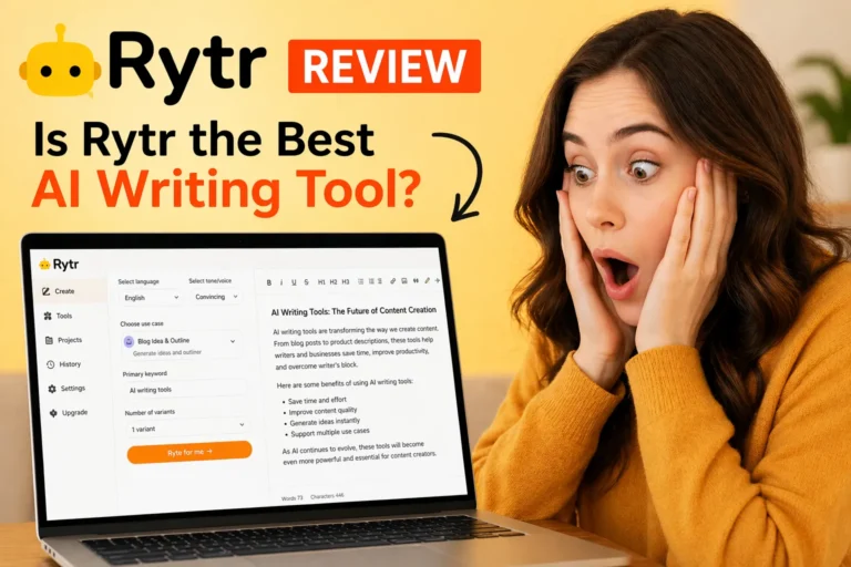 Rytr review AI tool for writing with real interface on laptop and surprised woman reacting to content generation results