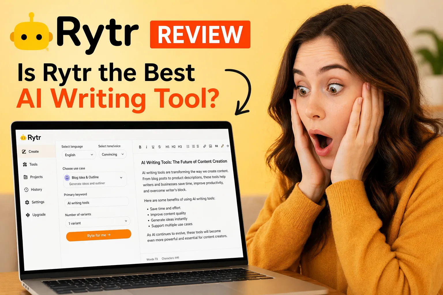 Rytr review AI tool for writing with real interface on laptop and surprised woman reacting to content generation results