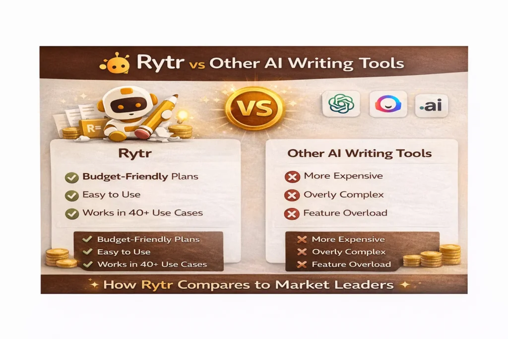 Rytr vs other AI writing tools comparison showing affordability, ease of use, and differences with competitors under “Rytr vs Other AI Writing Tools” title and Rytr logo.