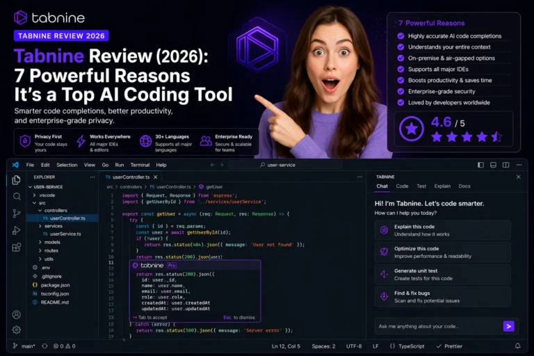 Tabnine Review 2026 featured image with surprised woman, real IDE interface, Tabnine logo, and AI coding assistant highlighting powerful features for developers