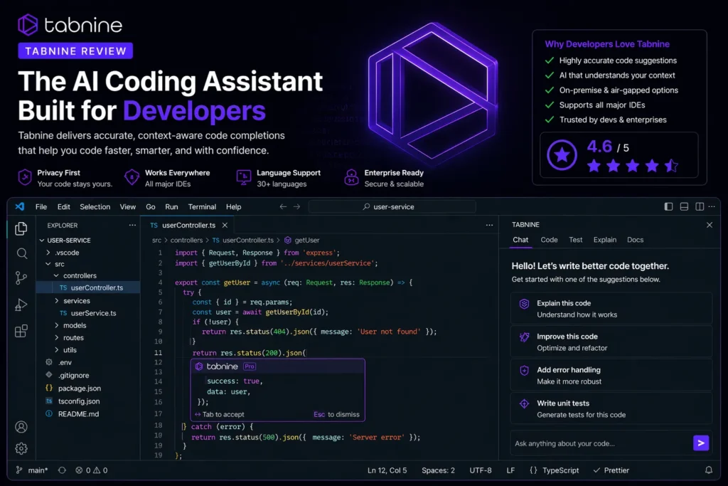 Tabnine review introduction image showing real IDE interface with AI coding assistant, Tabnine logo, developer-focused headline, and code suggestions for SEO