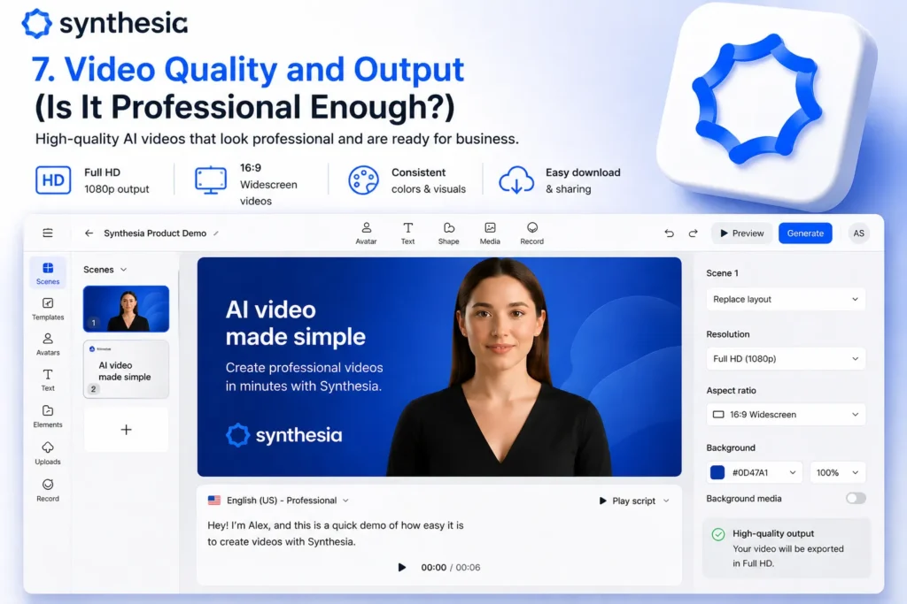 Video quality and output image showing real Synthesia interface with Full HD settings, 169 video options, and headline Video Quality and Output (Is It Professional Enough