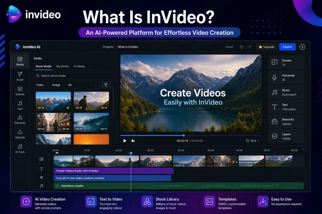 What Is InVideo image showing real InVideo AI interface with video editor, timeline, and media library for AI video creation platform