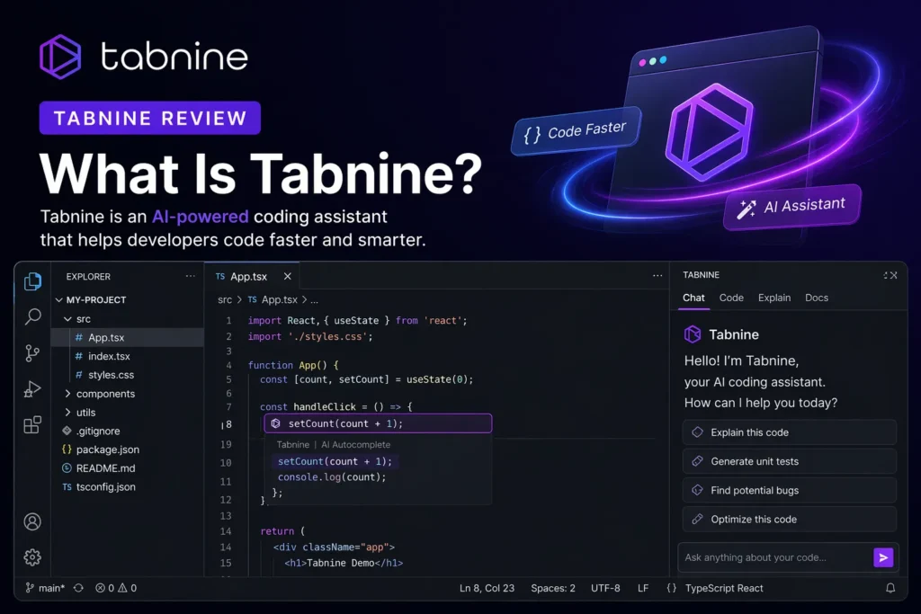 What Is Tabnine image showing real IDE interface with Tabnine AI assistant, code suggestions, Tabnine logo, and explanation title for SEO.