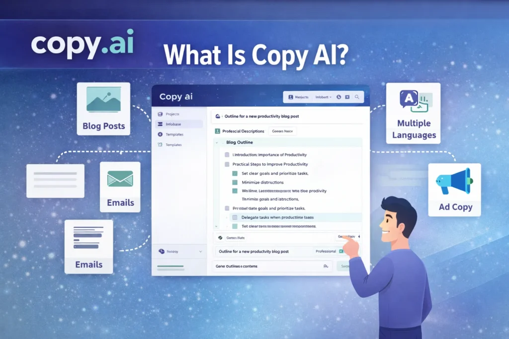What is Copy AI interface showing blog outline generation with Copy.ai logo and AI writing tool features