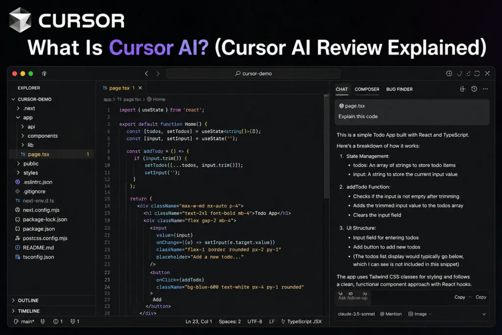 What is Cursor AI showing real interface with AI explaining code inside the Cursor AI editor