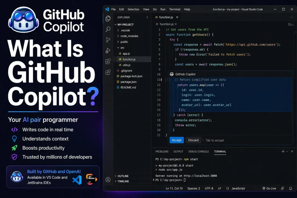 What is GitHub Copilot showing AI coding assistant interface with real VS Code environment and code suggestions with Copilot logo