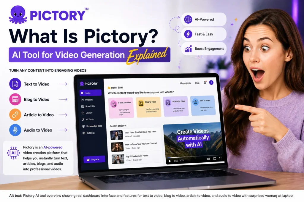 What is Pictory AI tool for video generation showing dashboard interface with text to video, blog to video, and article to video features with surprised woman