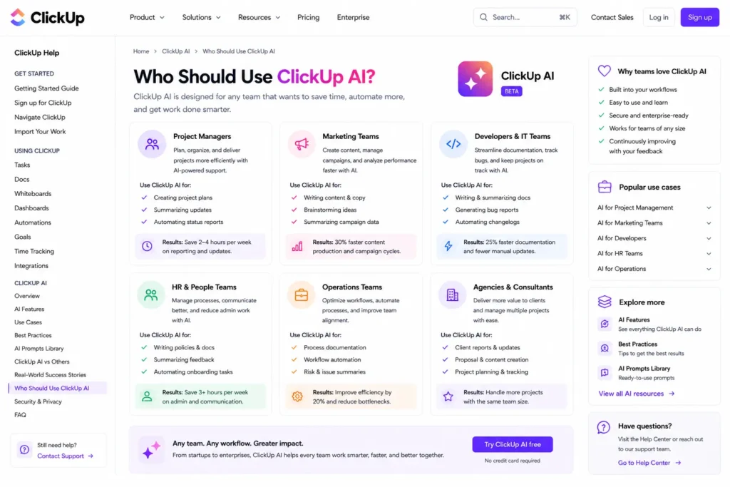 Who Should Use ClickUp AI image showing different user groups like project managers, marketing teams, developers, HR, and agencies using ClickUp AI with real benefits inside interface