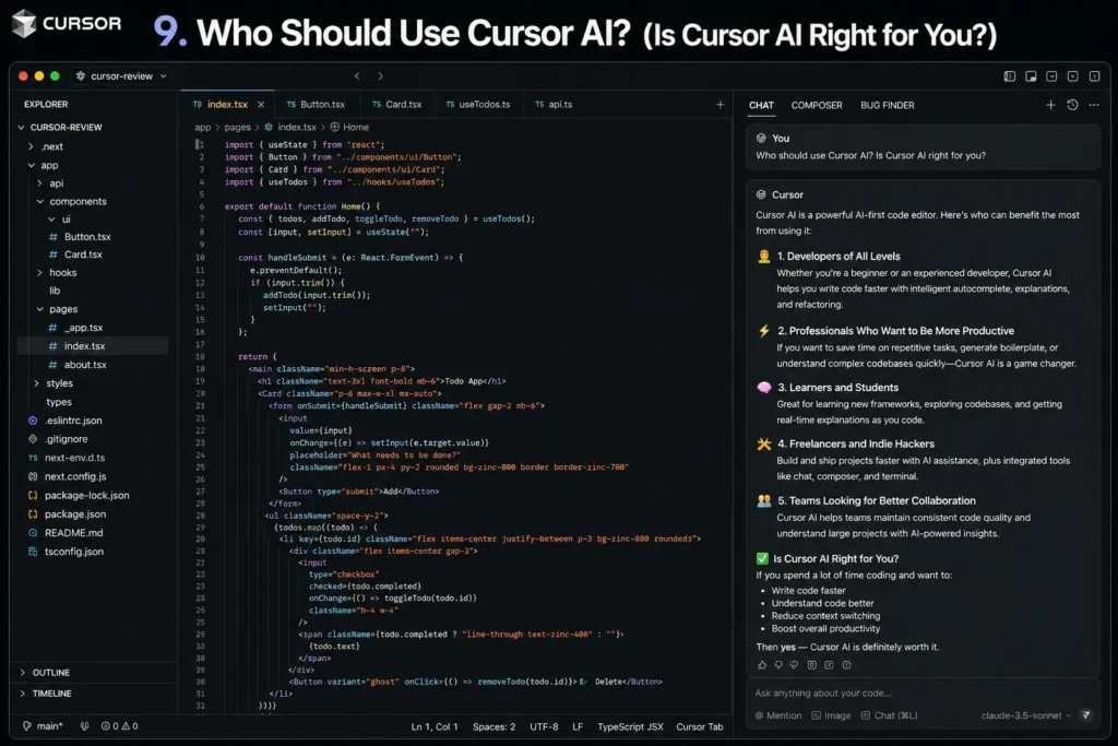 Who Should Use Cursor AI showing real Cursor AI interface with AI assistant explaining ideal users like developers, freelancers, and teams inside the editor