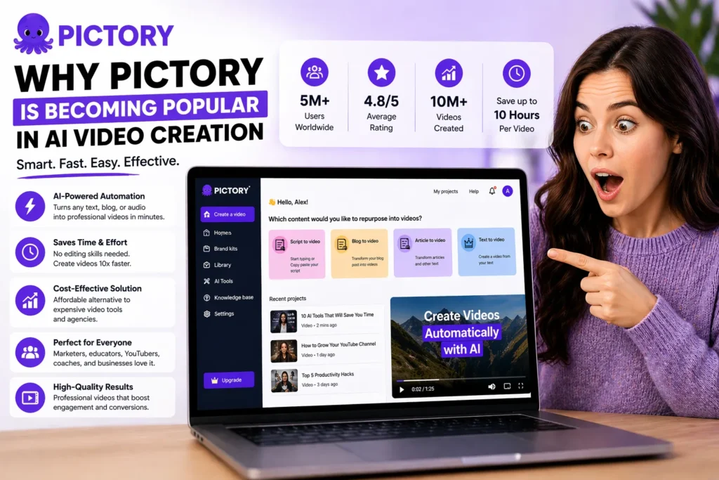 Why Pictory is becoming popular in AI video creation showing dashboard interface, features, and benefits with surprised woman and Pictory logo