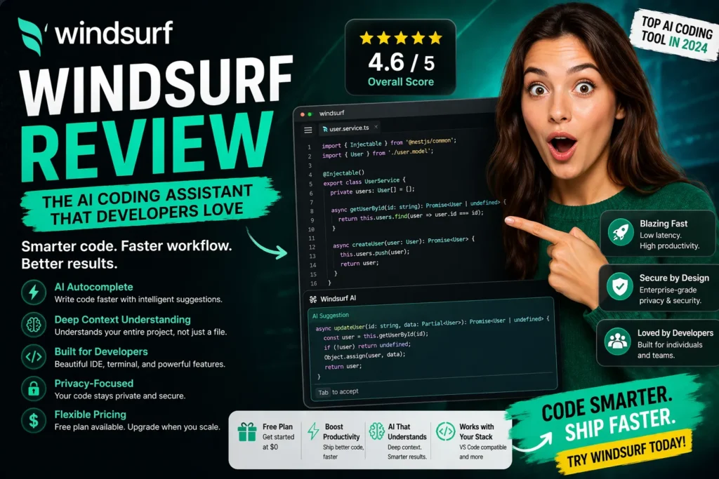 Windsurf review – AI coding tool interface with surprised woman and Windsurf logo showing features and performance