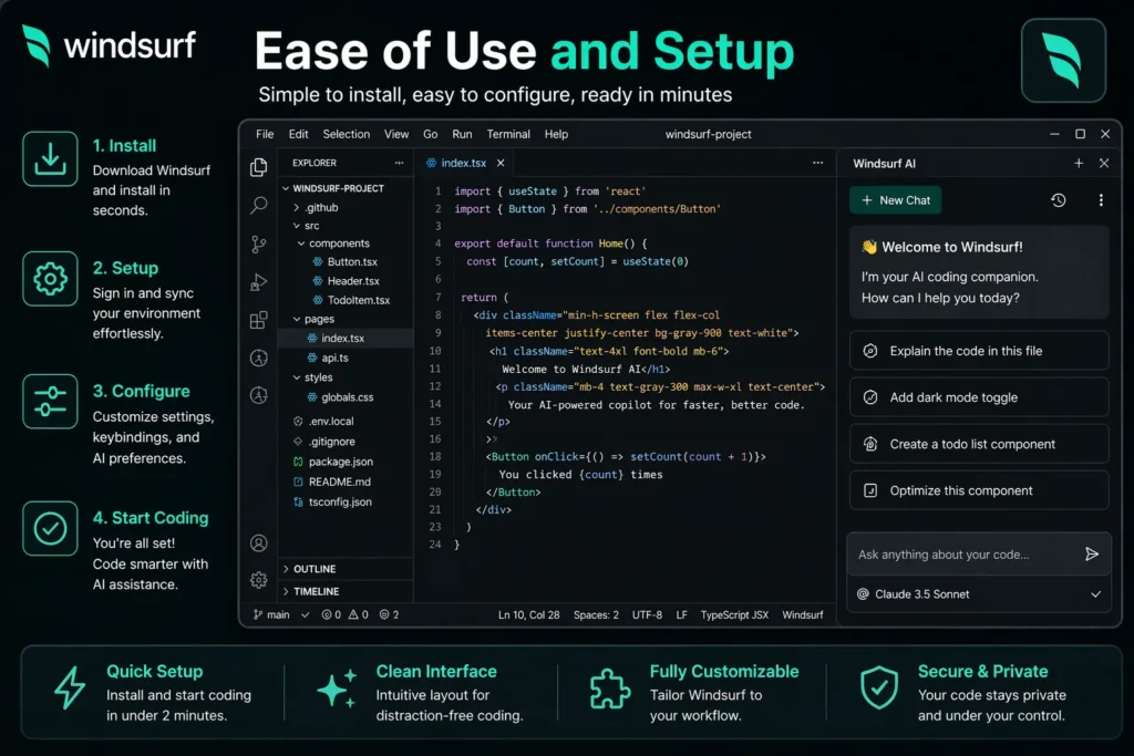 Windsurf review – Ease of use and setup showing installation steps and AI coding interface