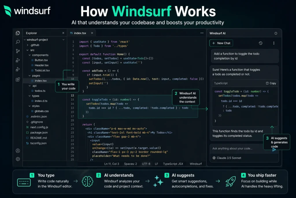 Windsurf review – How Windsurf works with AI understanding code context and generating suggestions