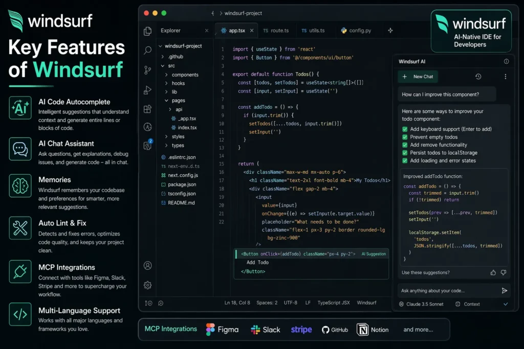 Windsurf review – Key features of Windsurf AI coding tool including autocomplete, chat assistant, and integrations