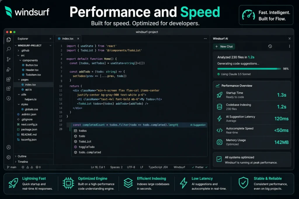 Windsurf review – Performance and speed showing fast AI suggestions and low latency coding interface