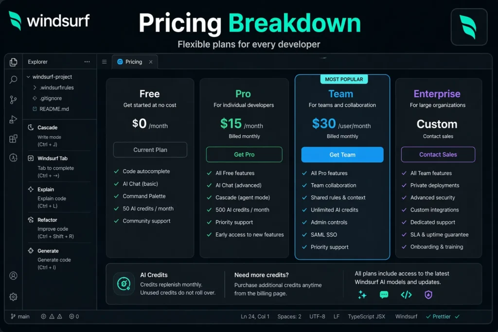 Windsurf review – Pricing breakdown showing free, pro, team, and enterprise plans