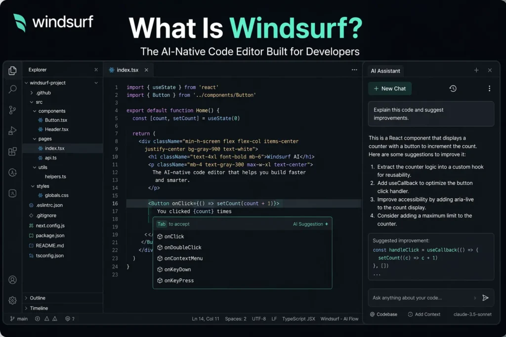 Windsurf review – What Is Windsurf AI coding tool interface with autocomplete and AI assistant