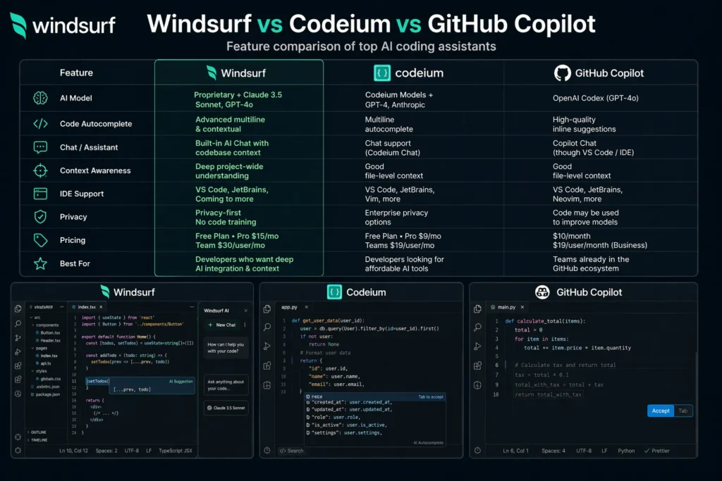 Windsurf review – comparison between Windsurf, Codeium, and GitHub Copilot AI coding tools