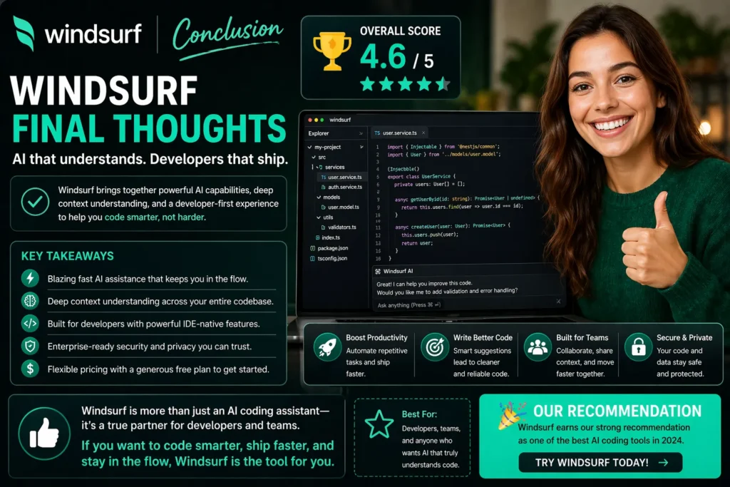 Windsurf review – final thoughts showing happy satisfied woman with AI coding tool interface and overall rating