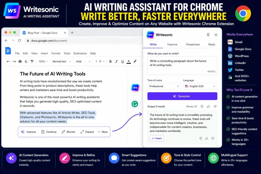 Writesonic Chrome extension interface showing AI writing assistant generating content inside browser with tone control and real-time editing features