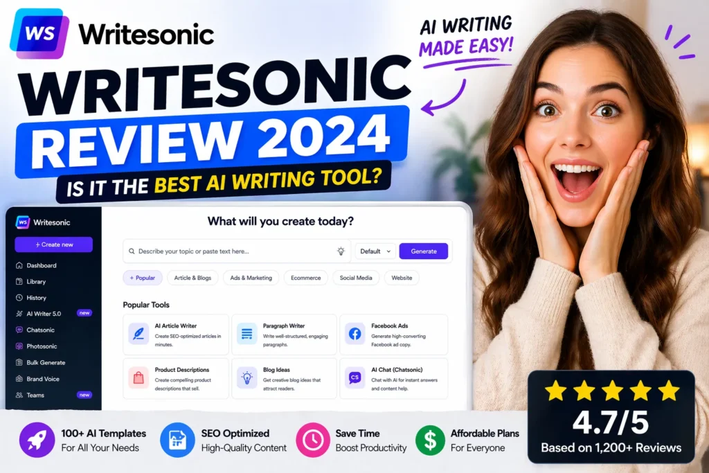 Writesonic review conclusion image showing happy surprised woman with Writesonic AI interface and final verdict of best AI tool for writing