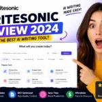 Writesonic review featured image showing surprised woman pointing at Writesonic AI dashboard interface and content generation tools