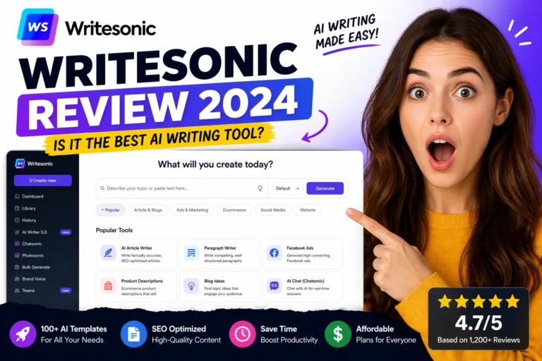 Writesonic review featured image showing surprised woman pointing at Writesonic AI dashboard interface and content generation tools