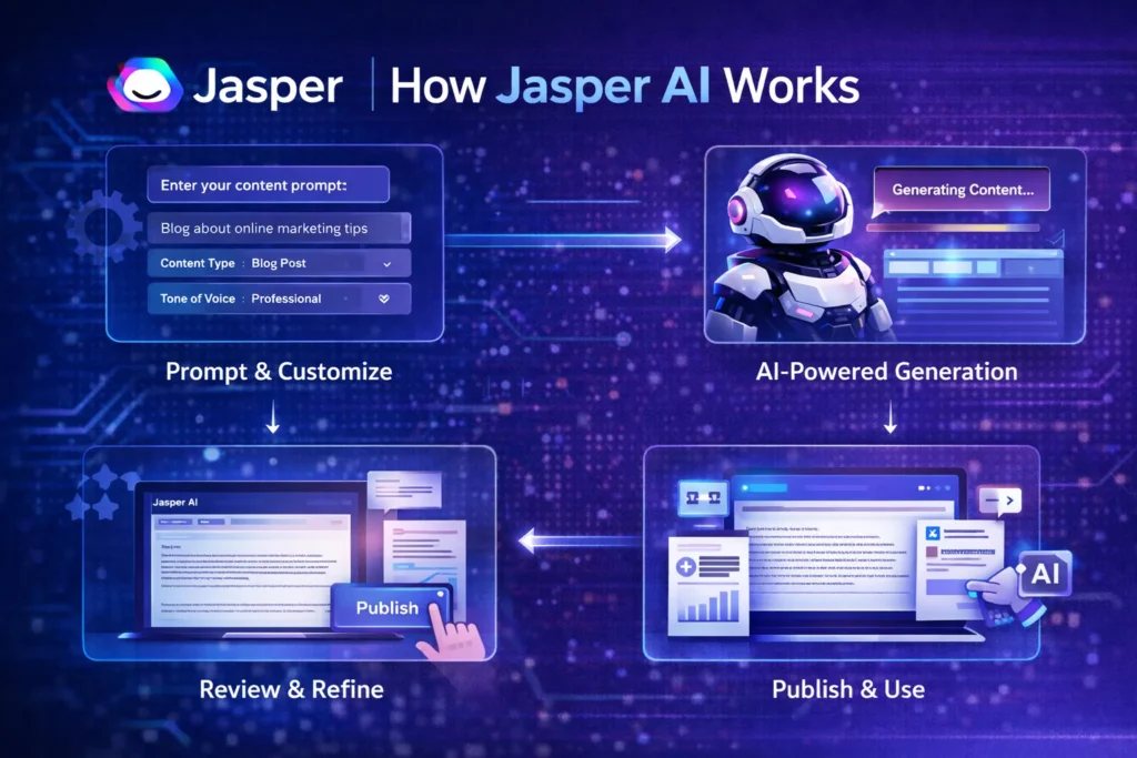 how jasper ai works workflow with jasper logo ai writing process steps