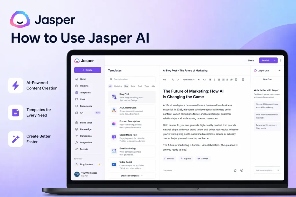 how to use jasper ai step by step dashboard interface with templates and content editor