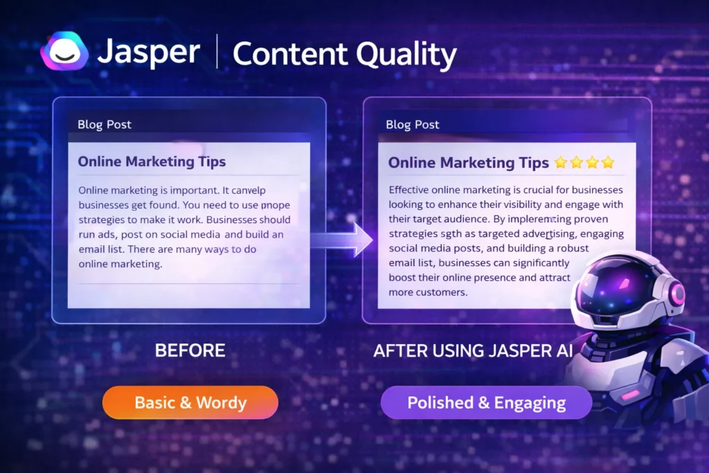 jasper ai content quality before and after comparison with jasper logo ai writing tool results