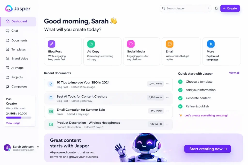 jasper ai dashboard screenshot with jasper logo ai writing tool interface and content creation panel