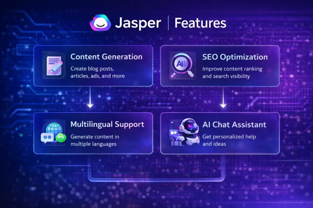 jasper ai features overview with jasper logo ai writing tool interface infographic