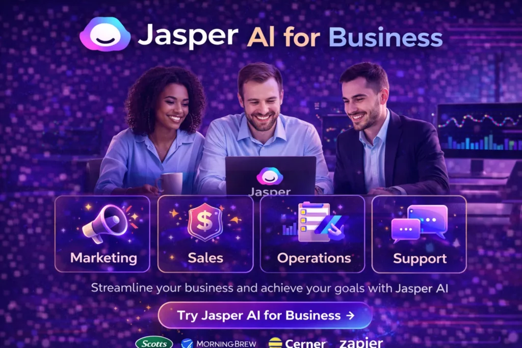 jasper ai for business with jasper logo team collaboration marketing sales operations support ai writing tool