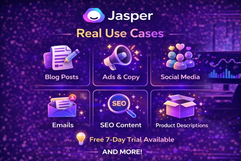 jasper ai real use cases with jasper logo ai writing tool blog ads seo email and social media content