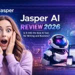 jasper ai review 2026 surprised woman reaction with jasper ai logo and ai writing dashboard