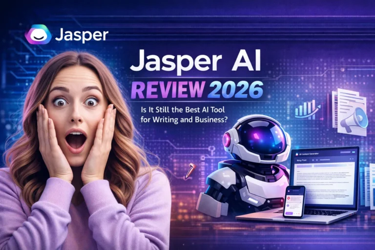 jasper ai review 2026 surprised woman reaction with jasper ai logo and ai writing dashboard