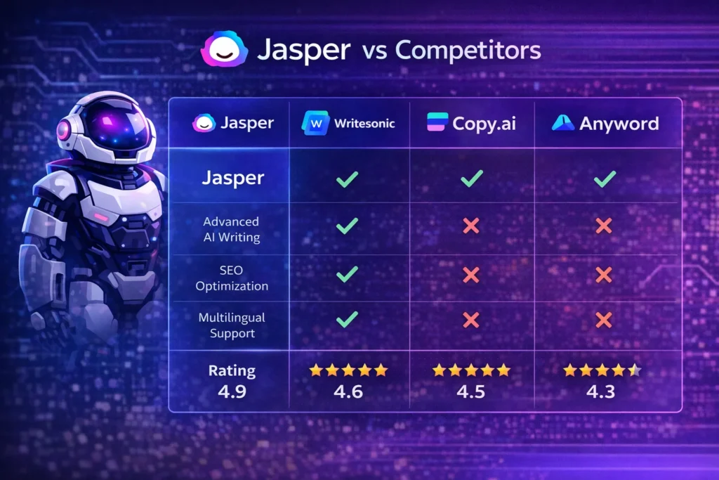jasper ai vs competitors comparison with jasper logo ai writing tools comparison chart