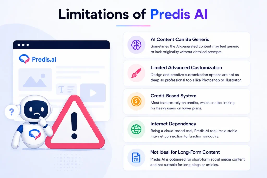 predis ai review limitations showing AI content issues, credit system, customization limits, and social media tool constraints in dashboard style interface