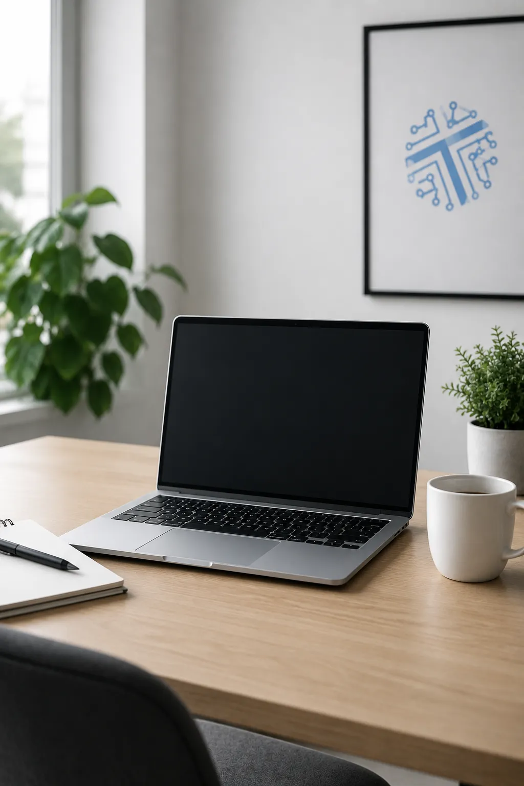 Simple office workspace image with laptop, desk, coffee mug, plant, and modern clean setup.