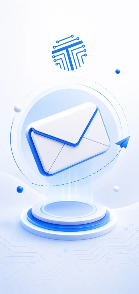Clean TechBotHQ contact page illustration with 3D email envelope, blue technology logo, glowing platform, and light futuristic circuit background.